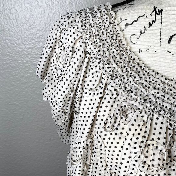 Max Edition Sz XL Flutter Short Sleeve Polka Dot Blouse Black White Rosettes - Picture 3 of 10